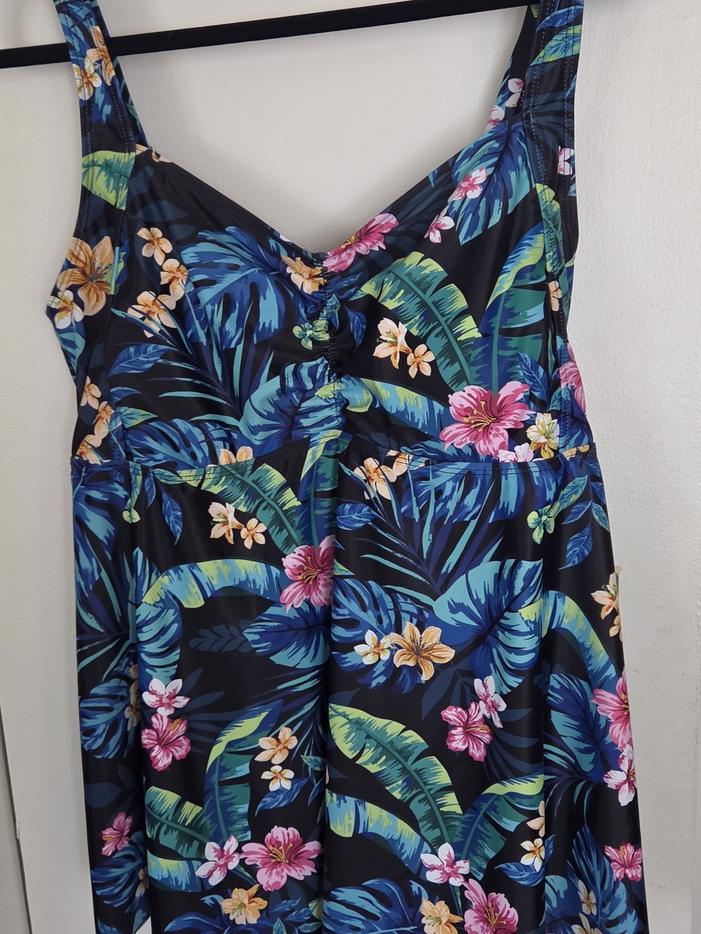 Womens Plus Tropical Floral One-Piece Swimsuit in Black with Blue & Pink Print